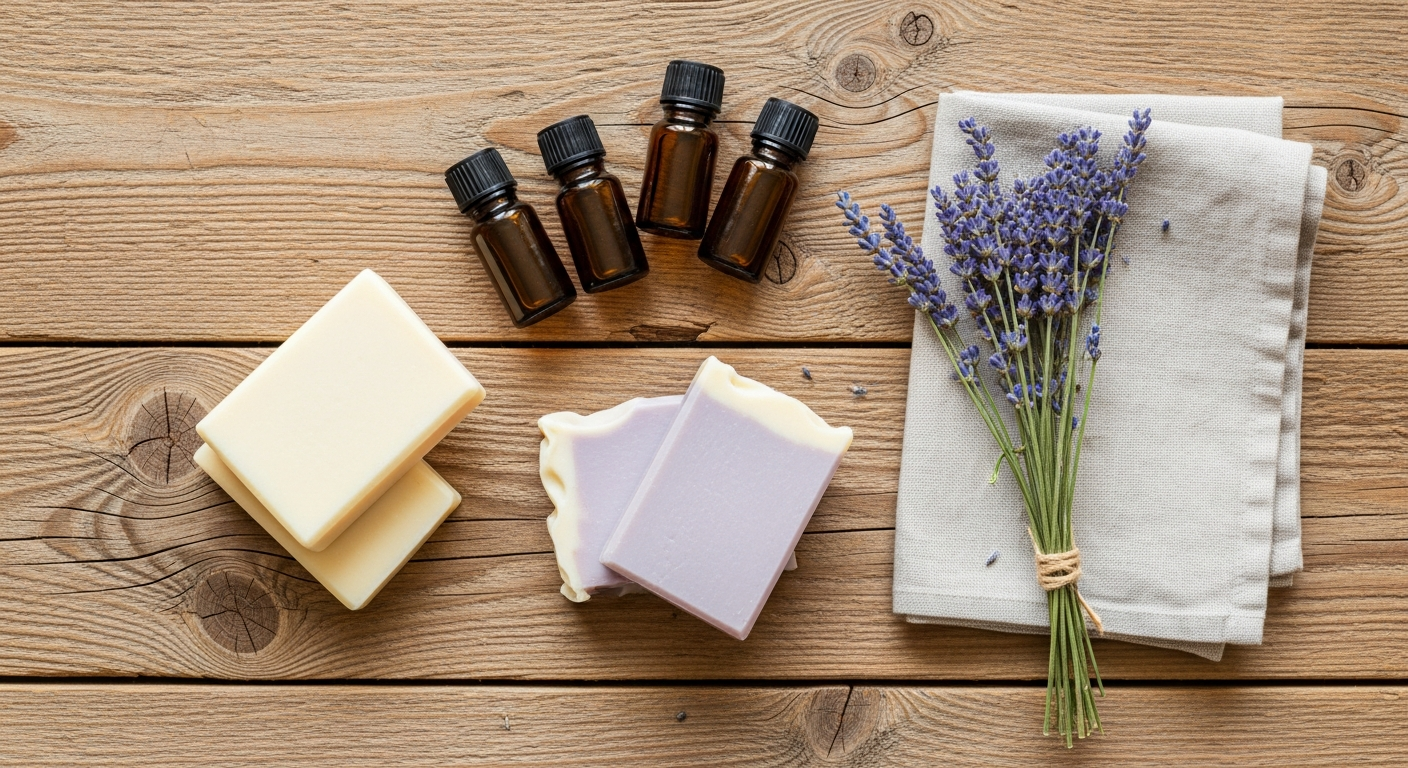 Handmade essential oil soap bars with amber oil bottles and dried lavender on a rustic wood board