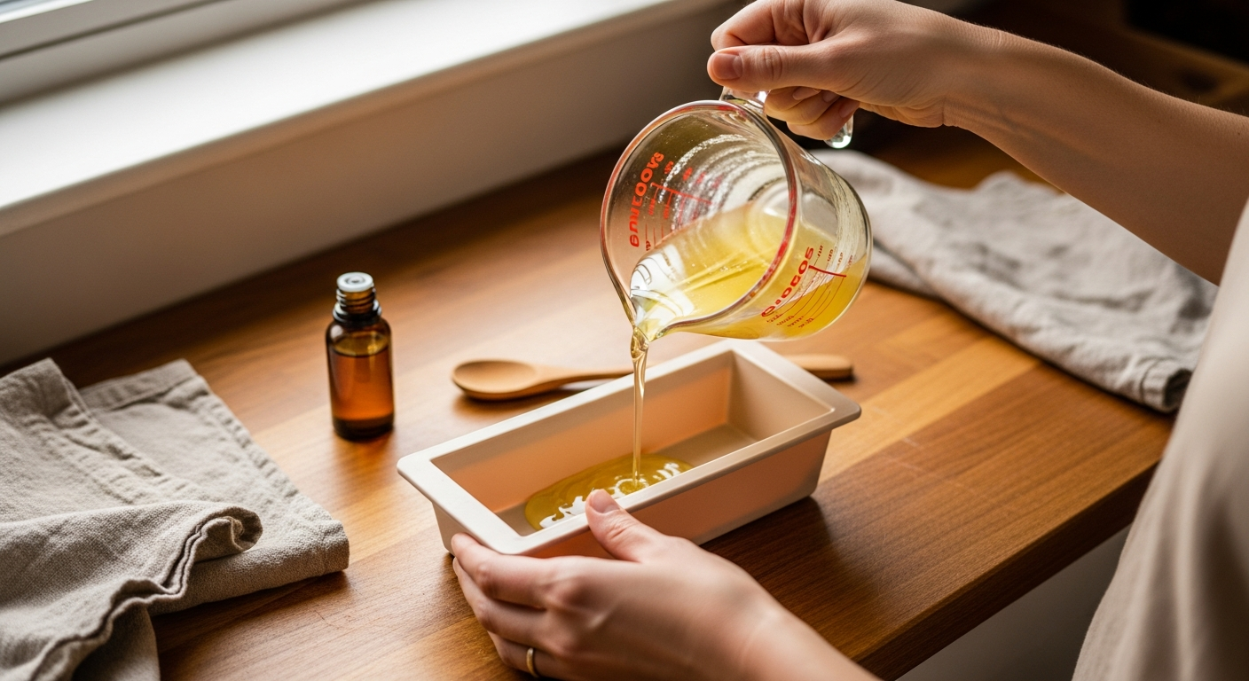 Pouring melted essential oil soap base into a silicone loaf mold on a wooden counter