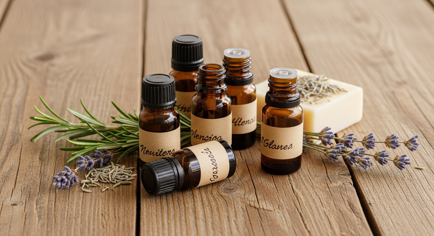 Small amber essential oil bottles with dried herbs and a handmade soap bar on warm wood