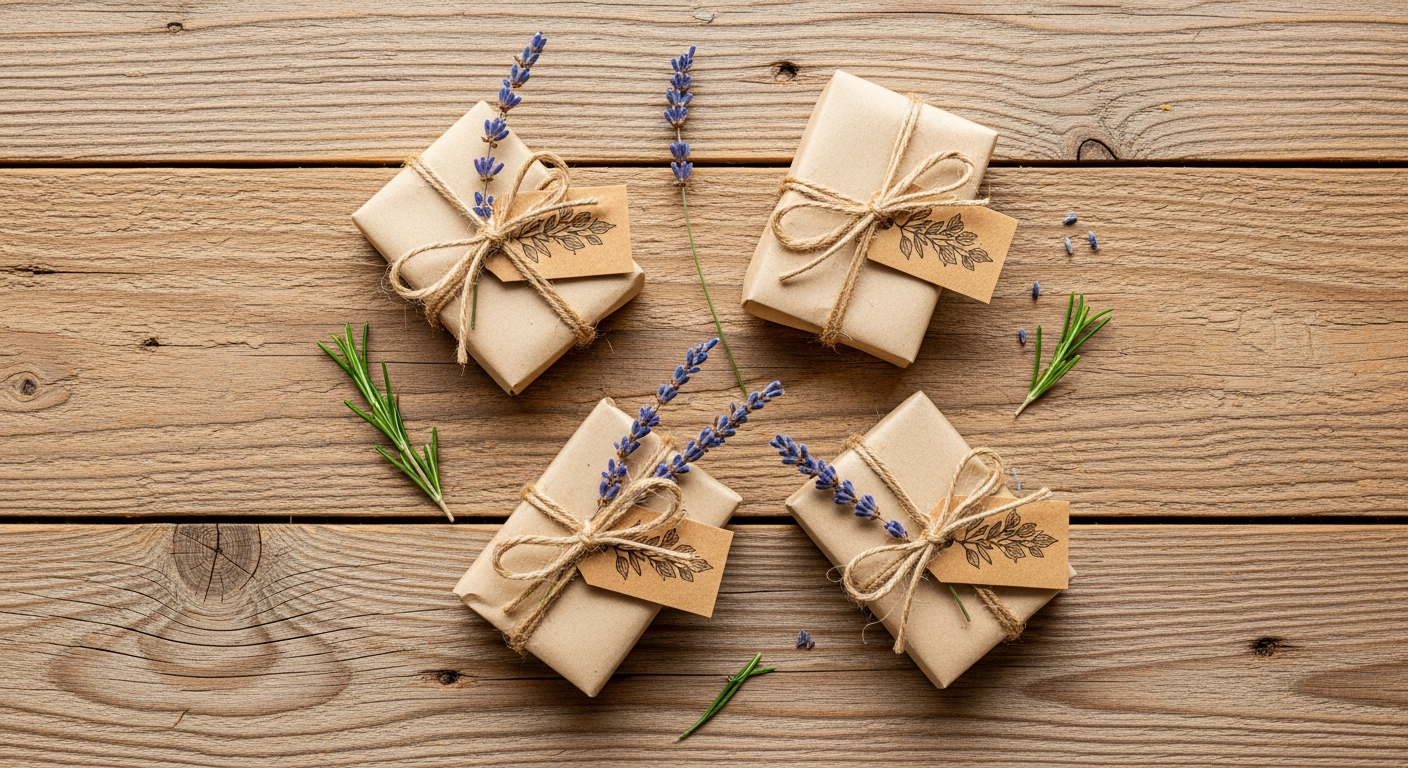 Handmade essential oil soap bars wrapped in kraft paper and twine on rustic wood