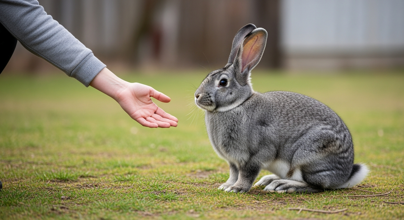 A large Flemish Giant rabbit sitting calmly on grass with a woman's hand reaching toward it, showing the rabbit's impressive size