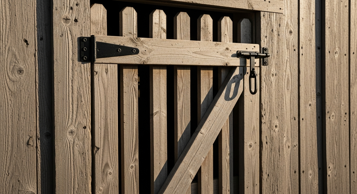Close-up of a simple wooden goat door with T-hinges and sliding gate latch on weathered barn wood
