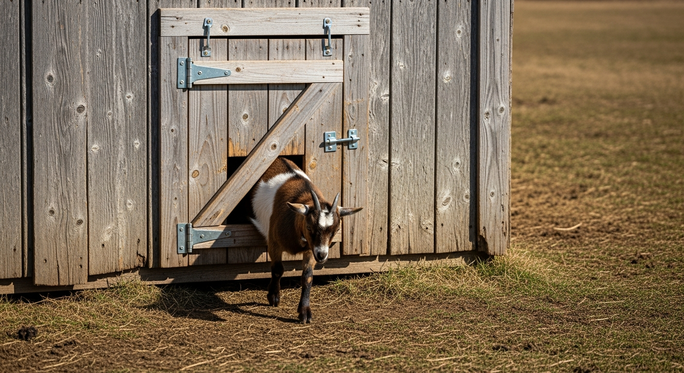 Goat approaching a small wooden pop door in the lower wall of a weathered barn
