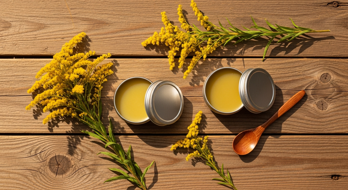 Goldenrod salve in small metal tins with dried goldenrod flower sprigs on a rustic wood surface