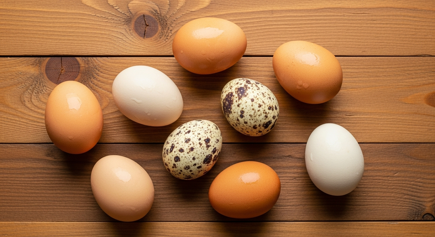 Clean washed farm fresh eggs in a flat lay on rustic wood surface