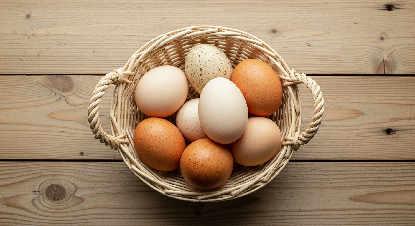 Farm fresh eggs in a wicker basket on rustic wood, overhead flat lay