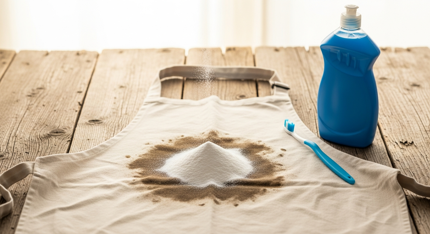 Stained cotton apron on weathered wood with baking soda poured on the grease stain, dish soap, and toothbrush