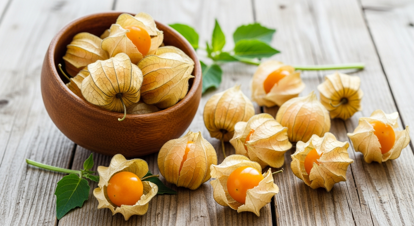 Ground cherries in papery tan husks spilling from a wooden bowl on a rustic wood surface