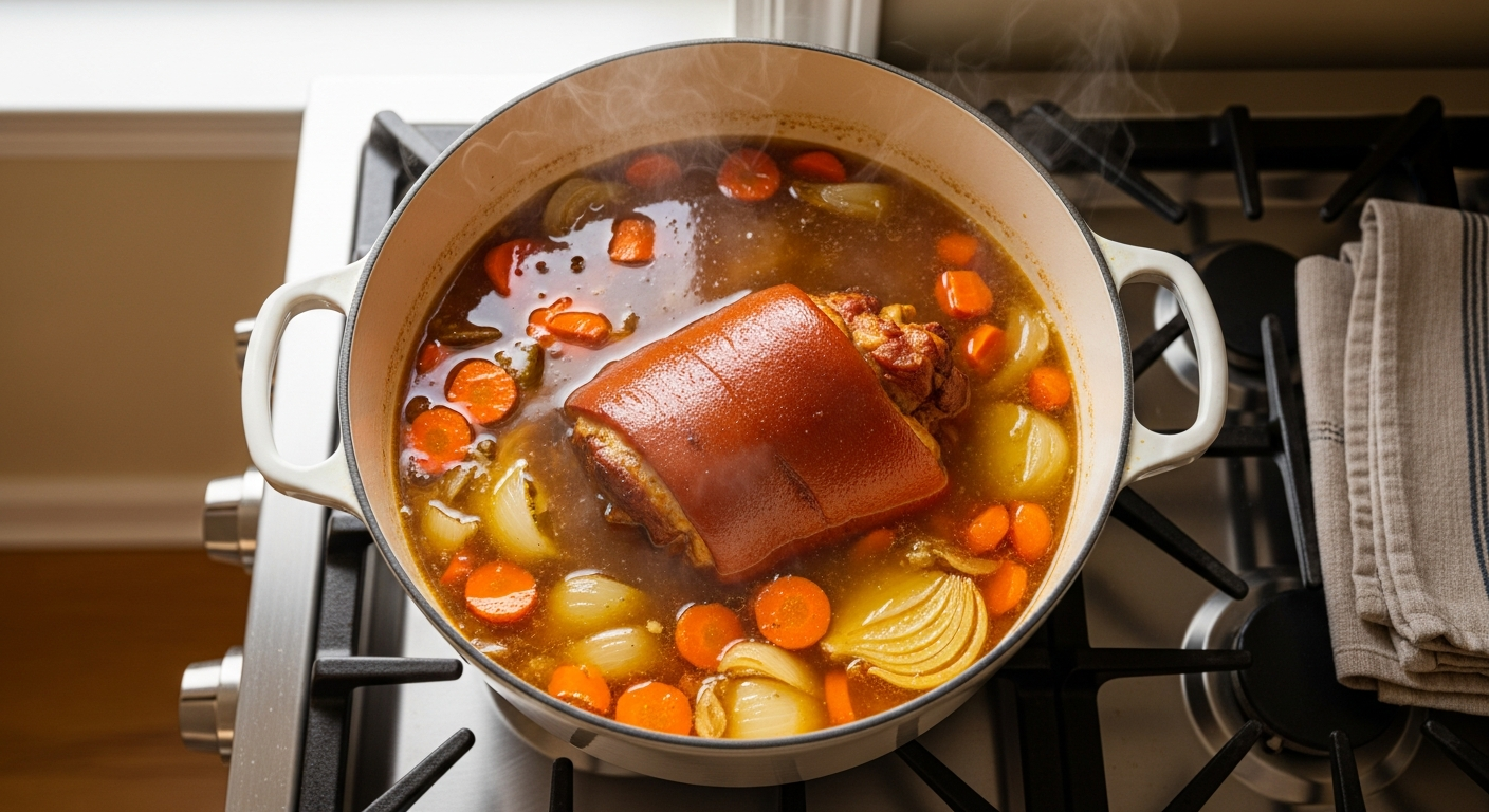 Ham hock soup simmering in a Dutch oven with golden broth and vegetables on the stovetop