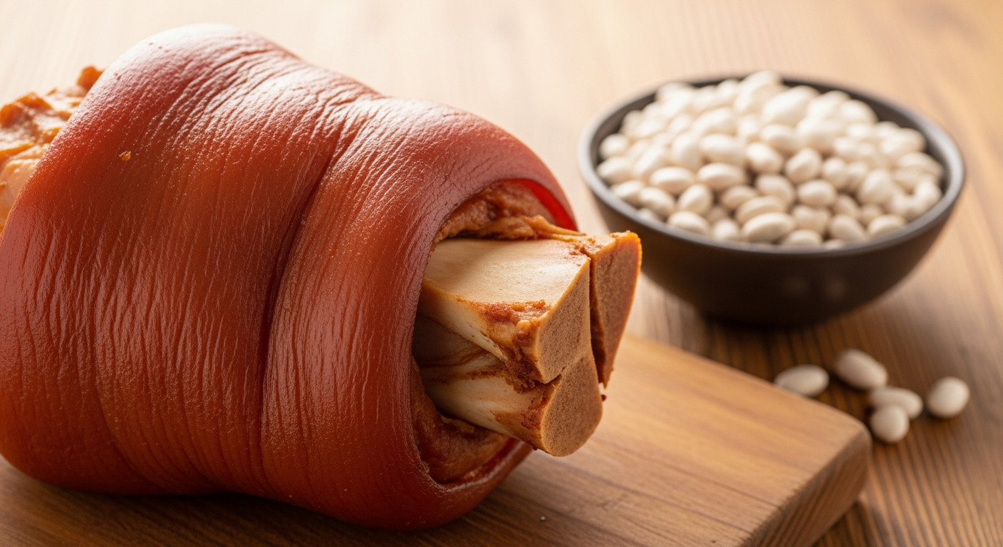 Smoked ham hock on a rustic wooden cutting board with a bowl of dried navy beans