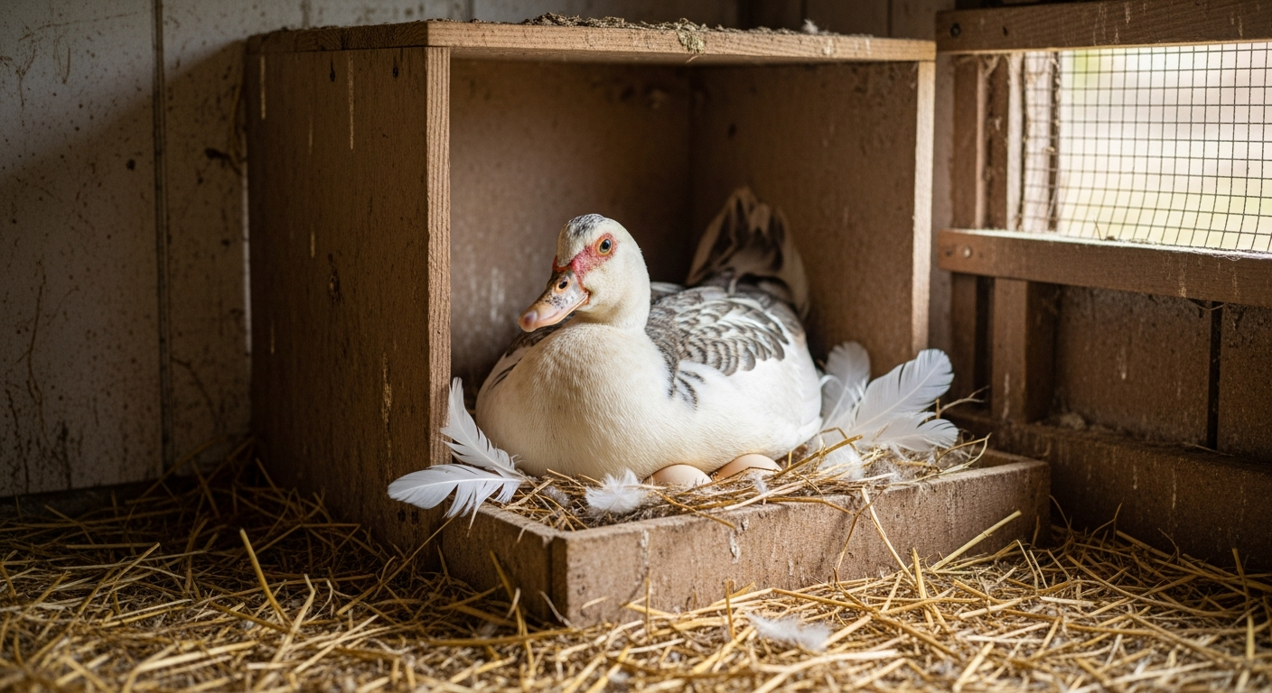 A broody Muscovy duck sitting calmly on her nest in a wooden nest box inside a rustic coop