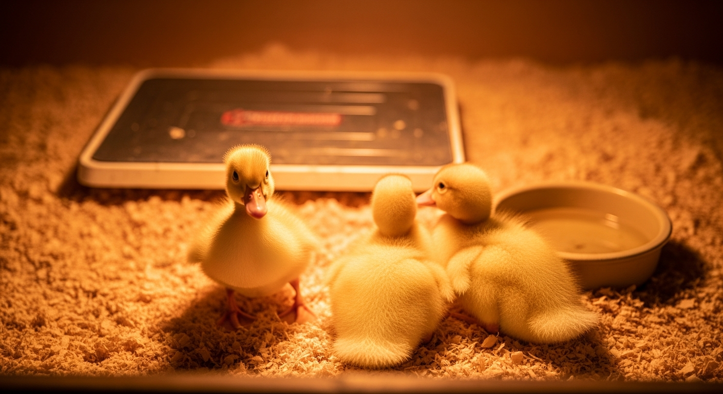 Three fluffy yellow ducklings huddled together in a brooder box under a heat plate on wood shavings