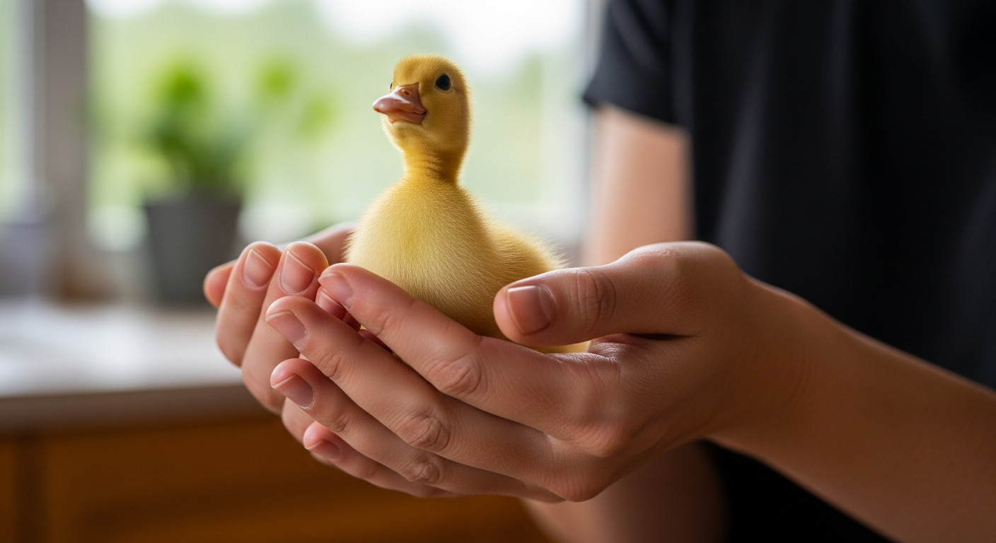 Woman's hands gently holding a freshly hatched yellow duckling, warm and fluffy