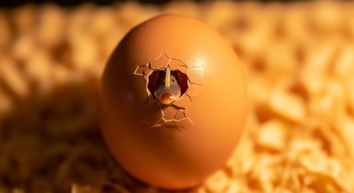 Close-up of a duckling pipping through a duck egg shell with the egg tooth visible in the crack