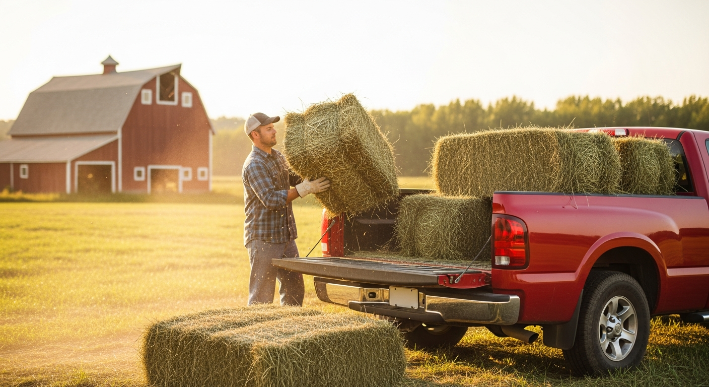 Farmer loading square hay bales onto a red pickup truck in a summer farm field with a barn in the background
