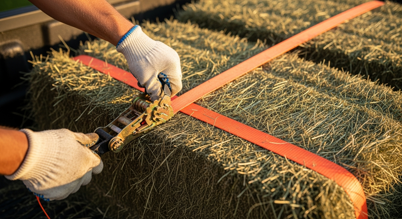 Close-up of gloved hands cinching a ratchet strap over square hay bales in a pickup truck bed