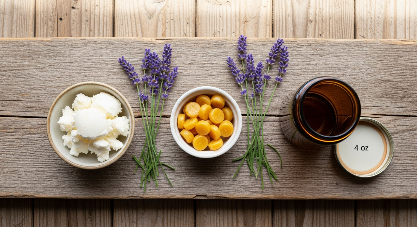 Homemade eczema cream ingredients flat lay showing shea butter, beeswax pastilles, amber jar, and lavender