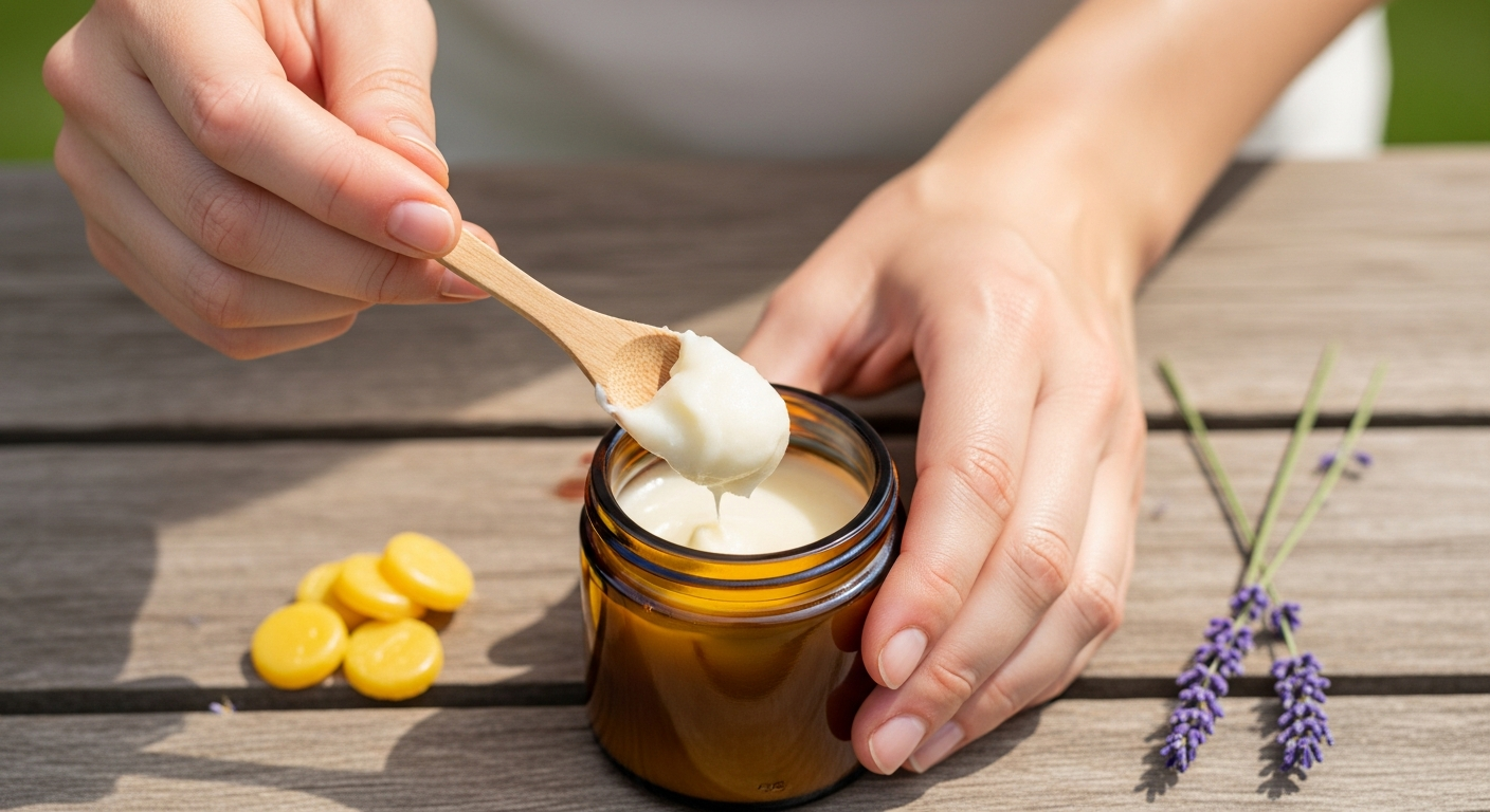 Homemade eczema cream being spooned into a small amber glass jar on a wood surface