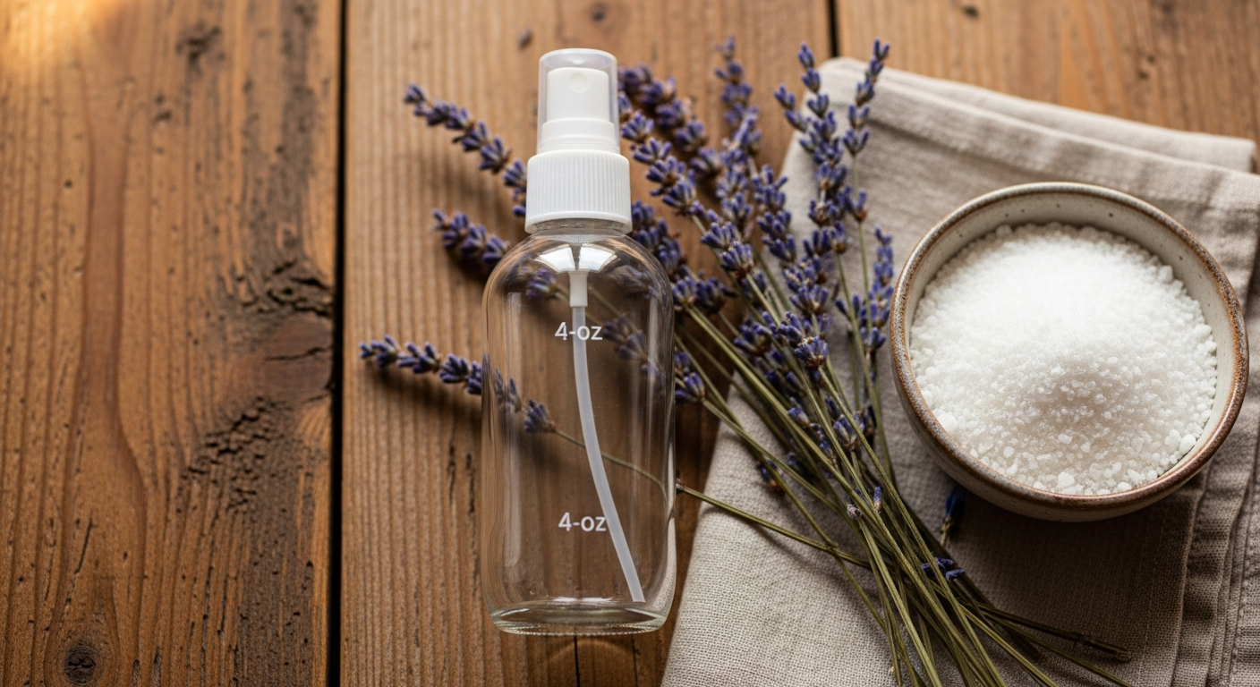 Homemade sleep spray glass bottle with dried lavender and magnesium flakes on rustic wood