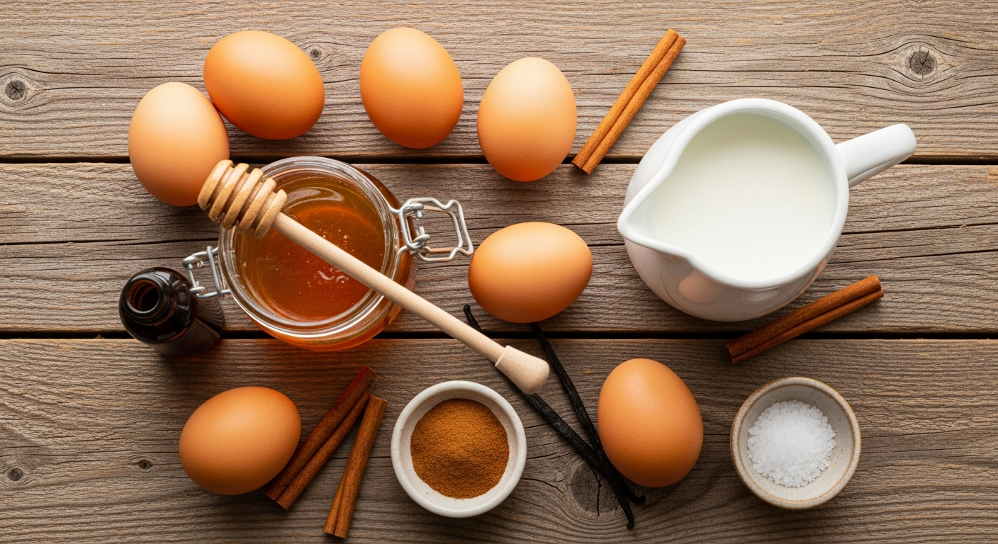 Honey custard ingredients flatlay — eggs, honey jar, milk, vanilla, and cinnamon on a rustic wood surface