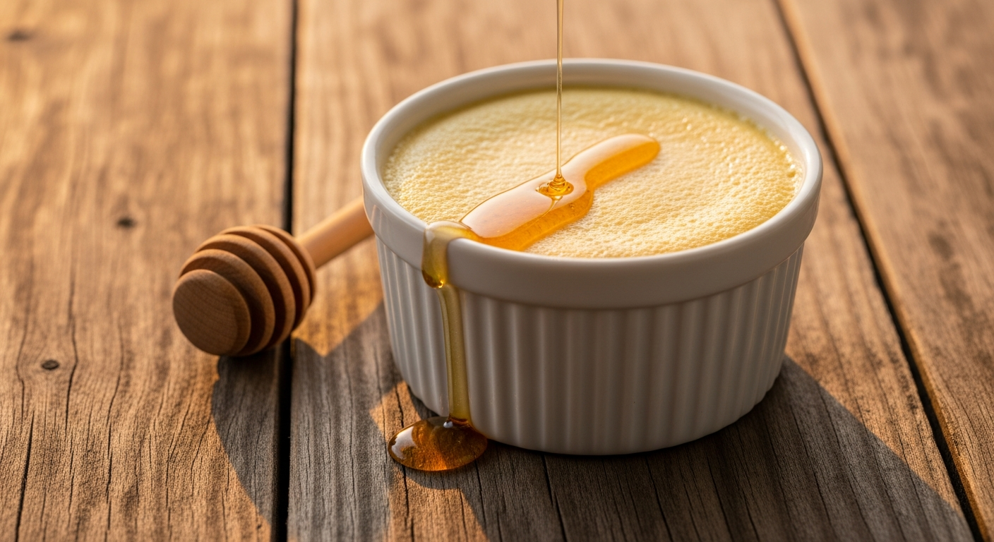 Finished honey custard in a white ceramic ramekin on a rustic wood board with golden honey drizzle on top