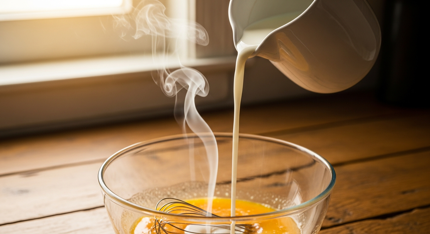Hot milk being slowly poured into whisked eggs in a bowl, steam rising — the custard tempering step