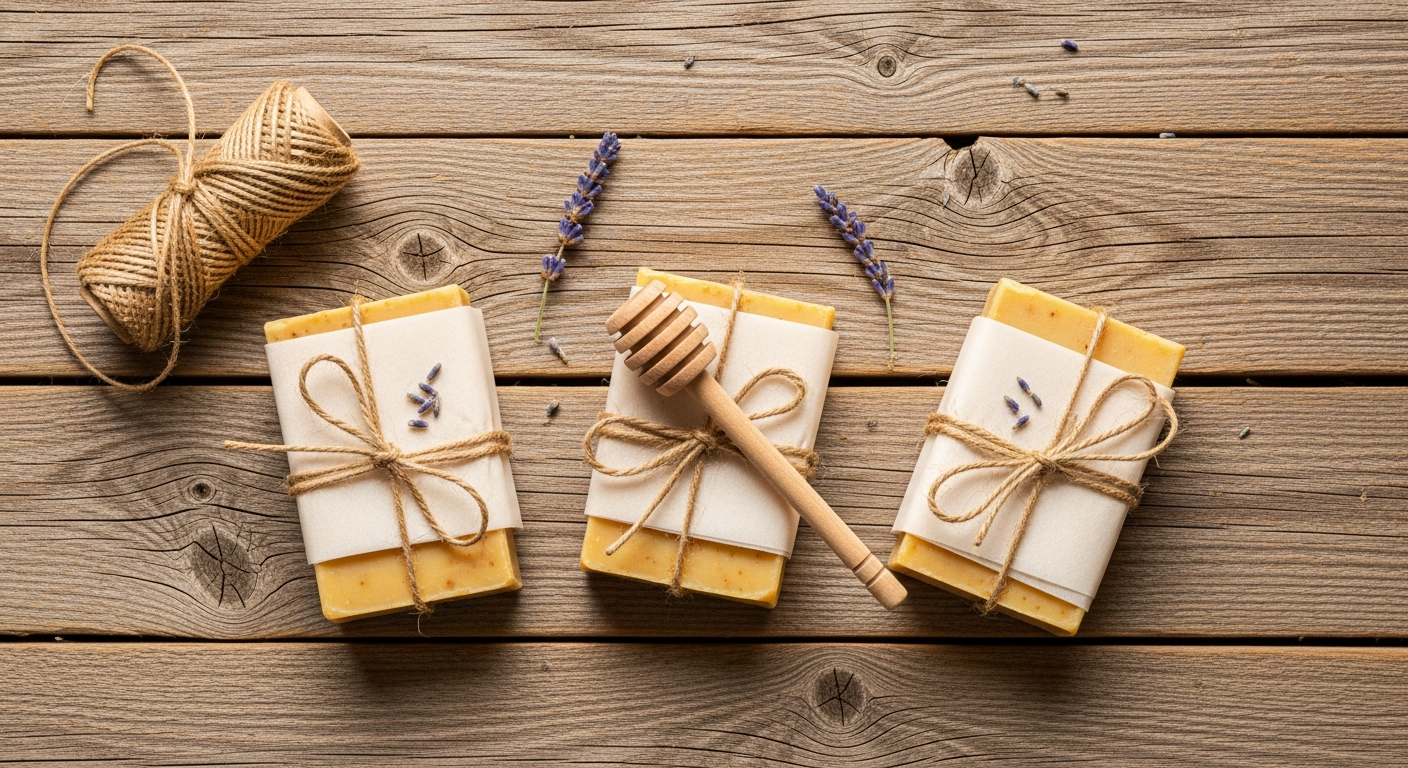 Homemade honey soap bars wrapped in cream wax paper and tied with twine alongside a wooden honey dipper