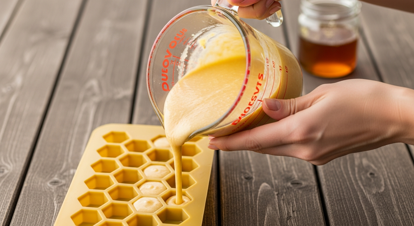 Hands pouring golden honey soap batter into a honeycomb shaped silicone mold on a wood surface