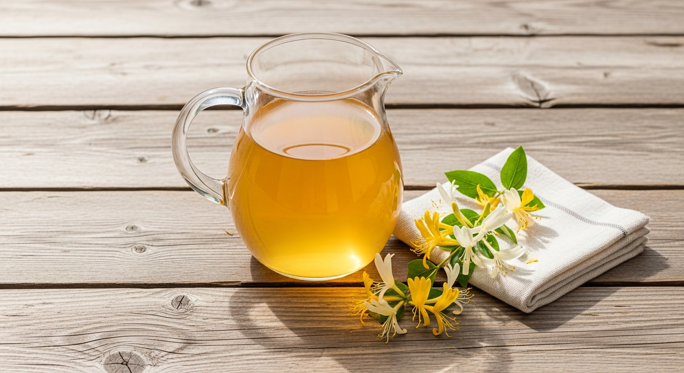 Glass pitcher of golden honeysuckle cold brew tea with fresh honeysuckle blossoms on wood surface