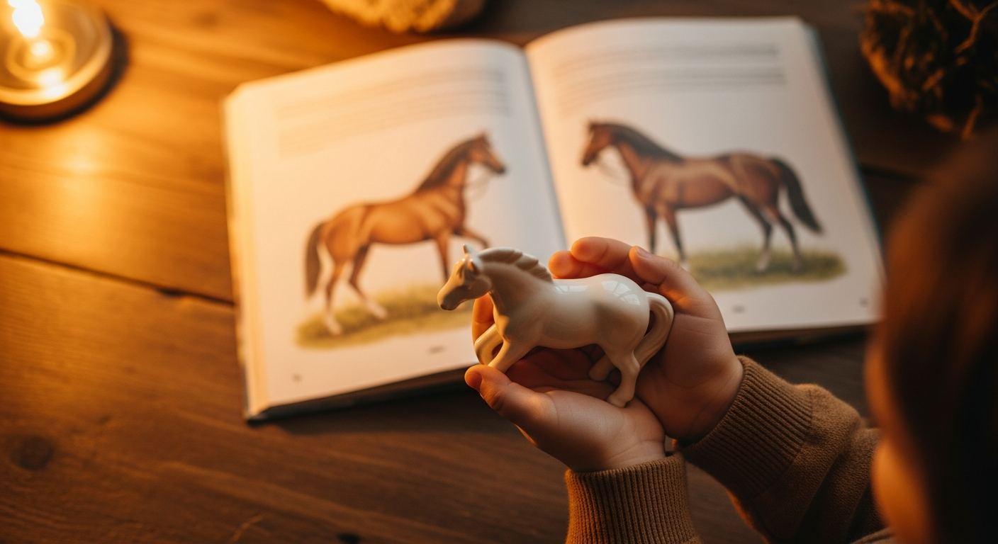 Child holding a ceramic horse figurine with a horse book open nearby, warm golden lamplight