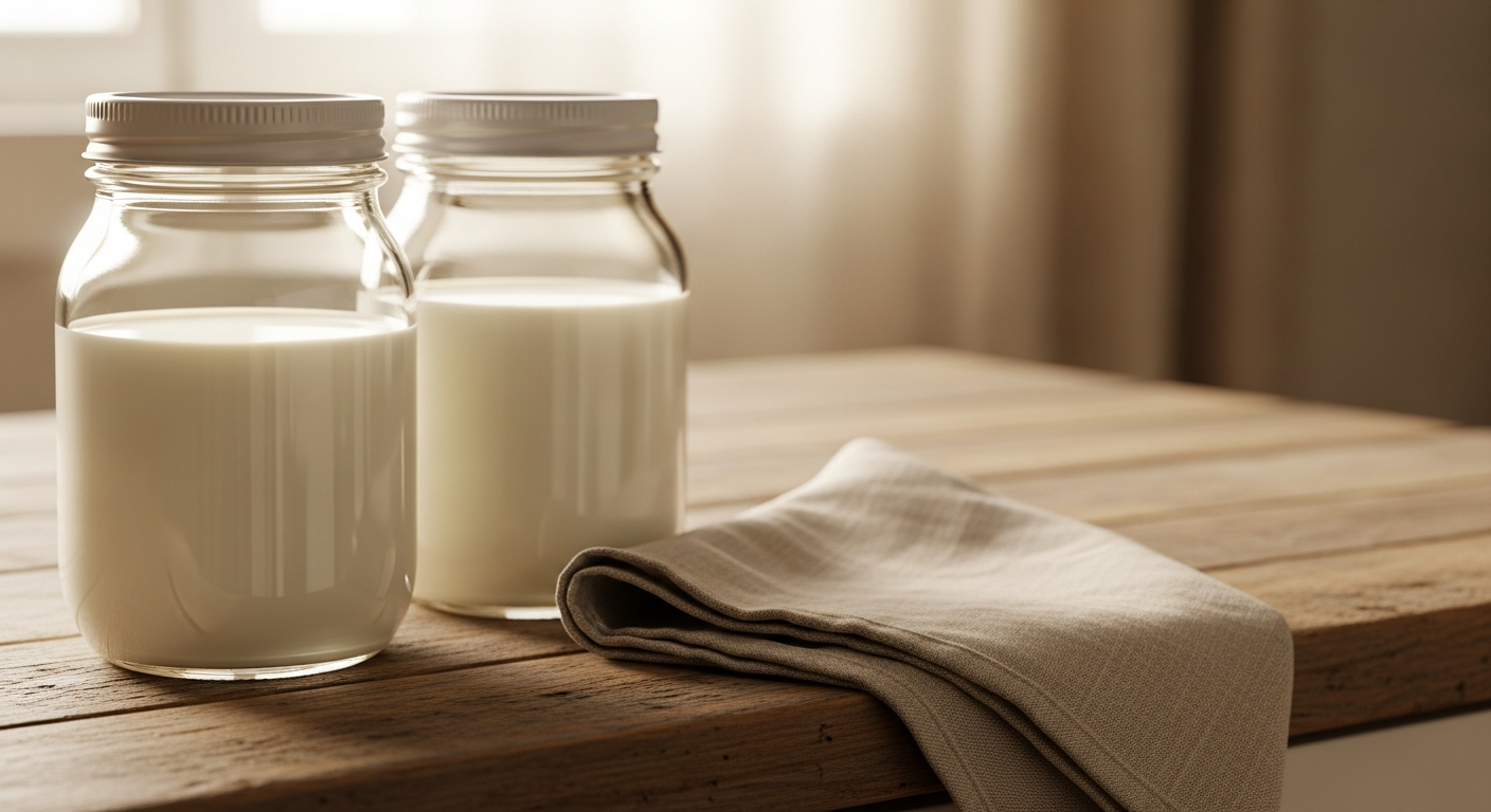 Two glass mason jars of fresh cow's milk on a farmhouse wood kitchen counter