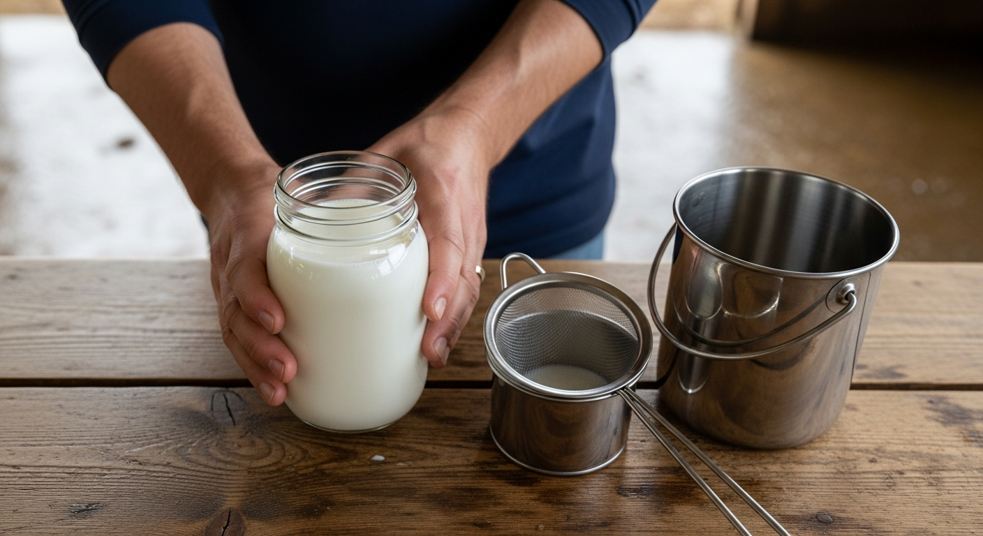 Fresh raw cow's milk being filtered into a glass mason jar after milking, farm setting