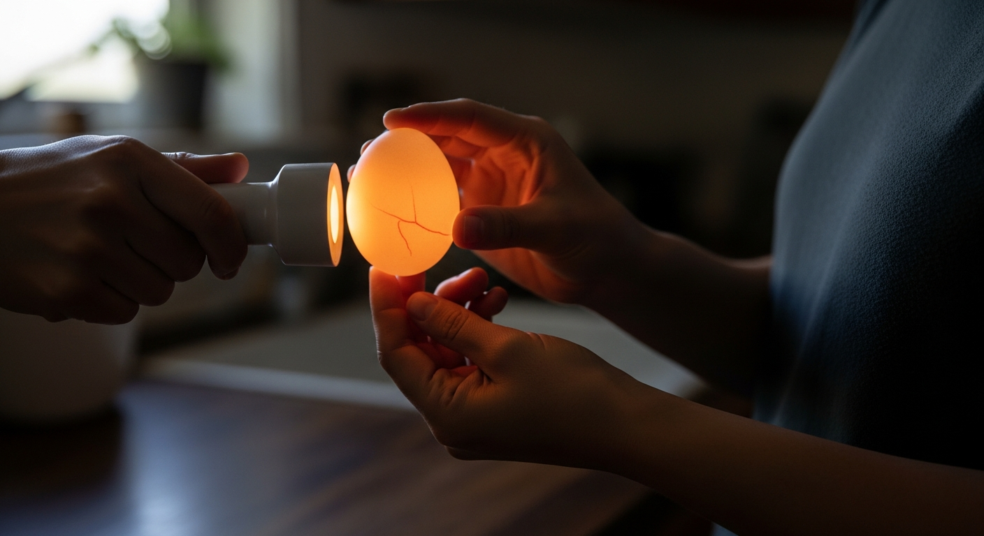 Hands holding a chicken egg over a bright LED candling light to check for veining and development inside the egg