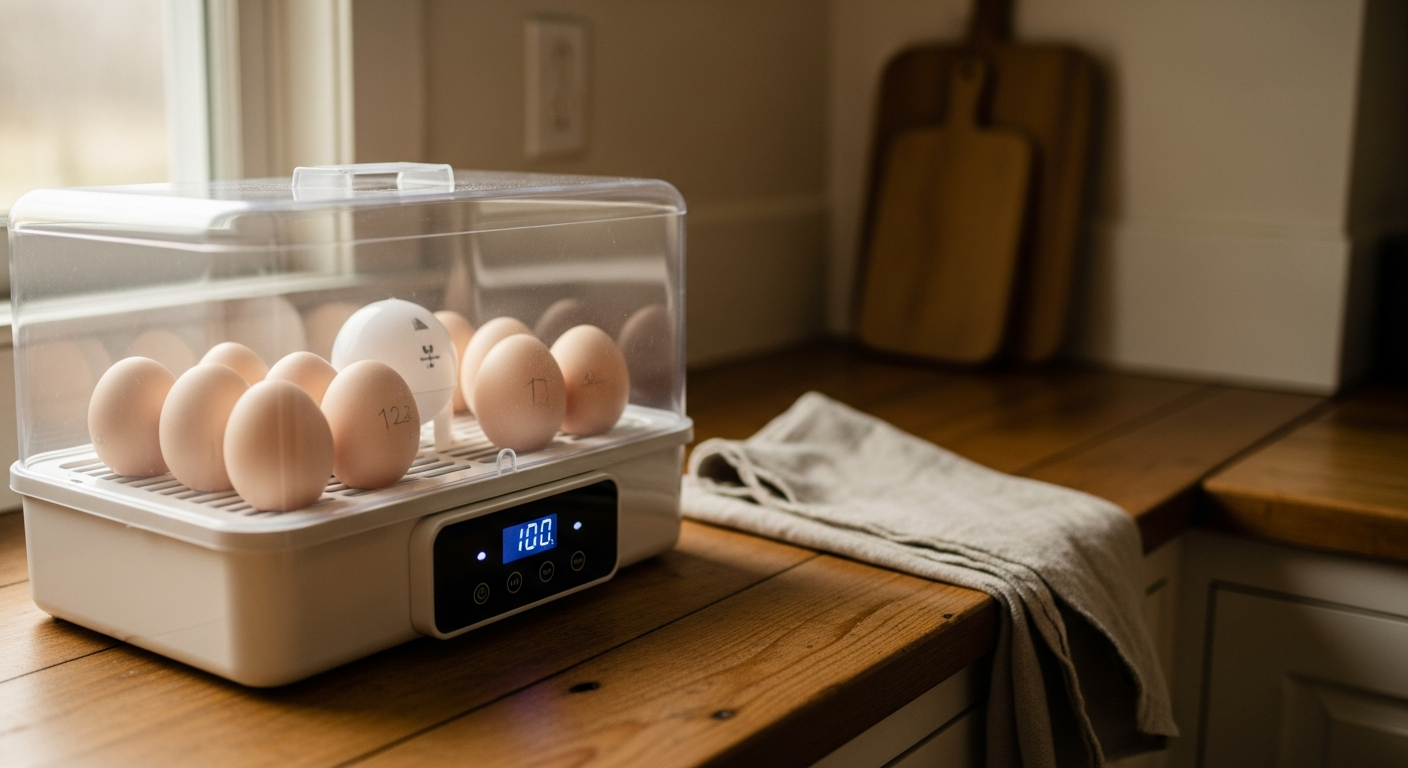 Egg incubator with eggs visible through the 360-degree viewing window sitting on a farmhouse countertop in warm morning light