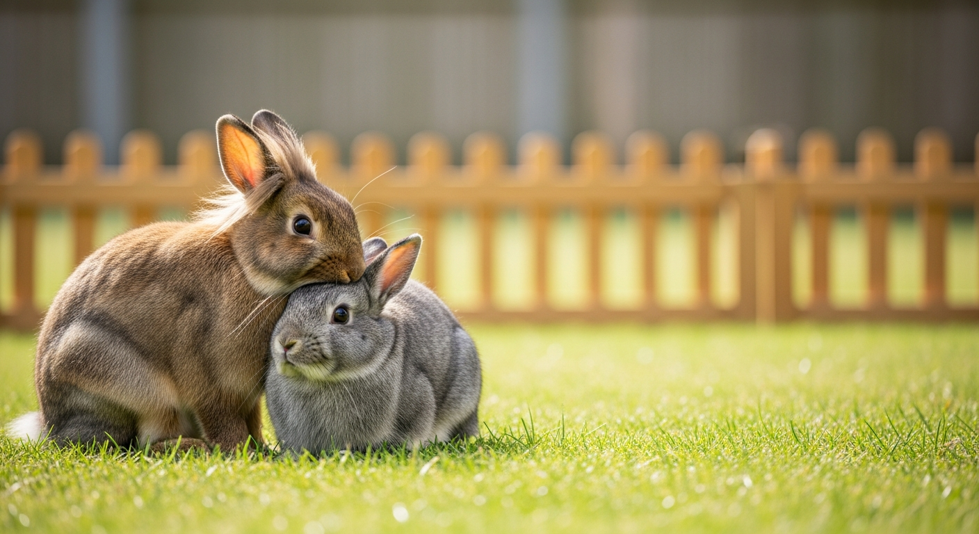 Two bonded dwarf rabbits grooming each other in a grassy outdoor rabbit run