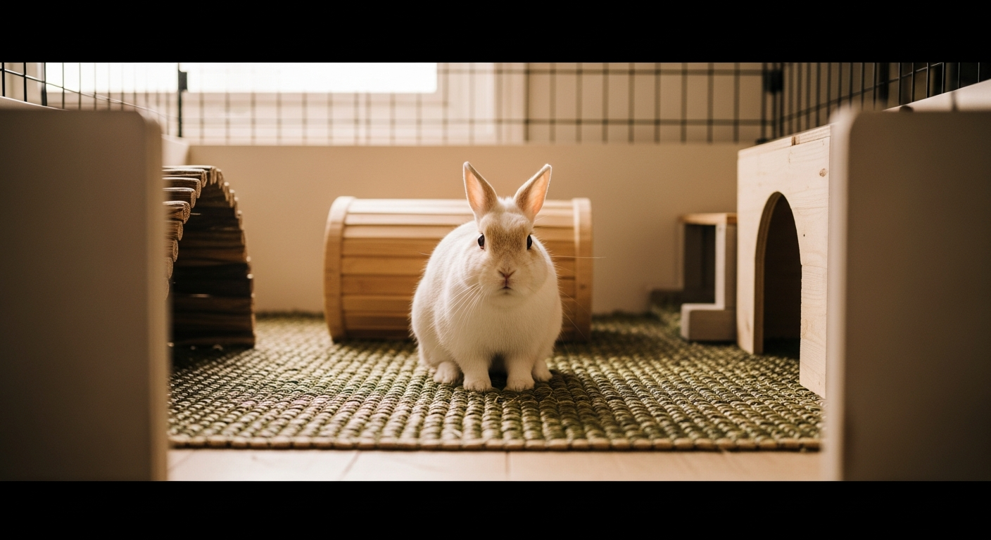 A small dwarf rabbit resting in an indoor rabbit enclosure with natural window light