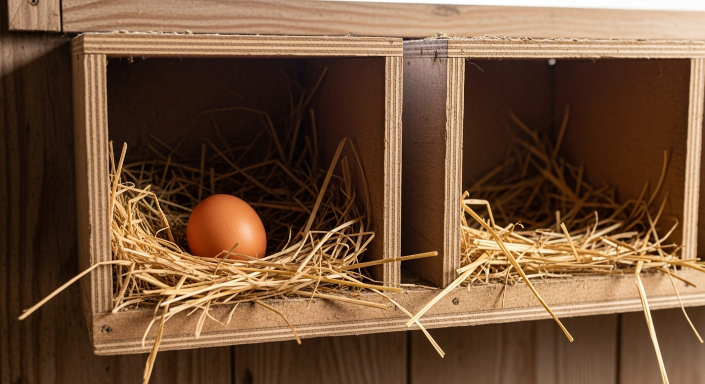 Close-up of a clean chicken nesting box filled with straw bedding, showing a well-maintained egg-laying setup