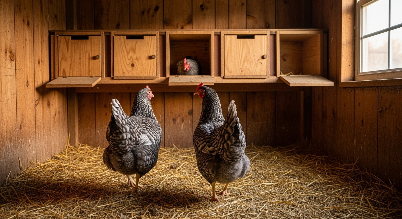 Hens approaching nesting boxes in a wooden chicken coop with afternoon light coming through the window