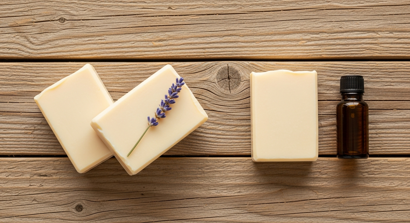 Creamy ivory homemade breast milk soap bars with dried lavender on a rustic wood surface