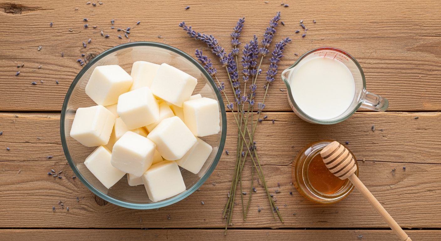 Goat milk soap base chunks, breast milk in a measuring cup, honey, and dried lavender arranged on a wood surface for homemade breast milk soap
