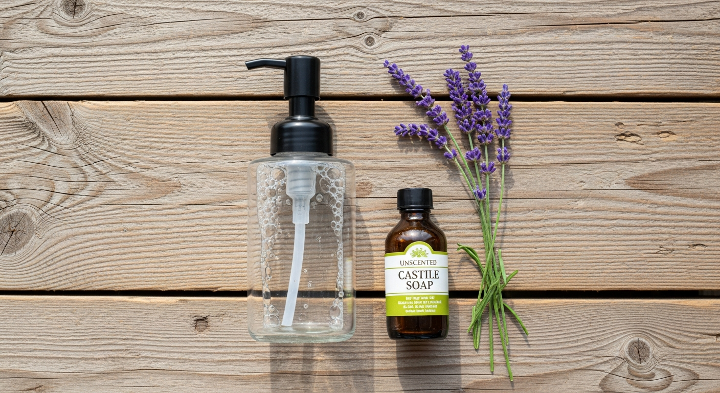 Glass foaming soap dispenser with castile soap and a sprig of lavender on a wood countertop