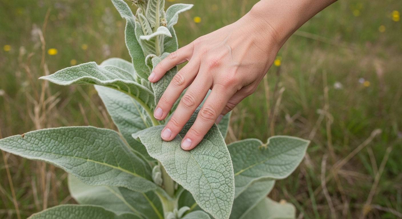 Woman's hand touching the soft fuzzy leaves of a first-year mullein plant growing in a field