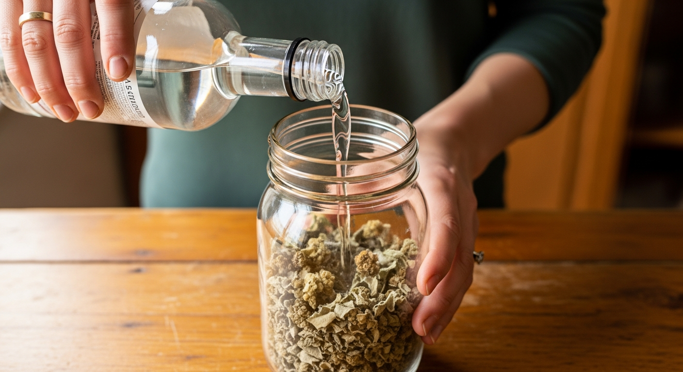 Hands pouring vodka over dried mullein leaves in a mason jar to make mullein tincture at home