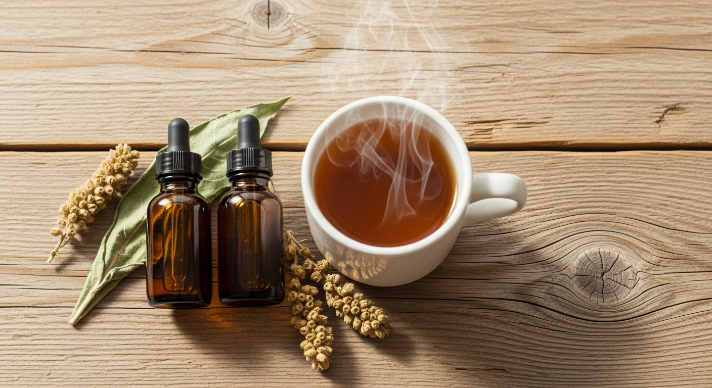 Two amber dropper bottles of homemade mullein tincture next to a mug of herbal tea on rustic wood