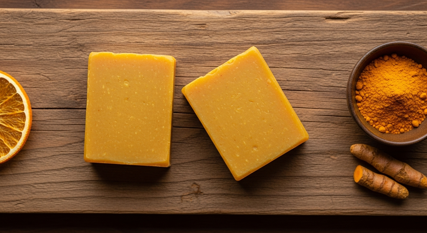 Two golden amber turmeric soap bars with turmeric powder and dried orange on rustic wood
