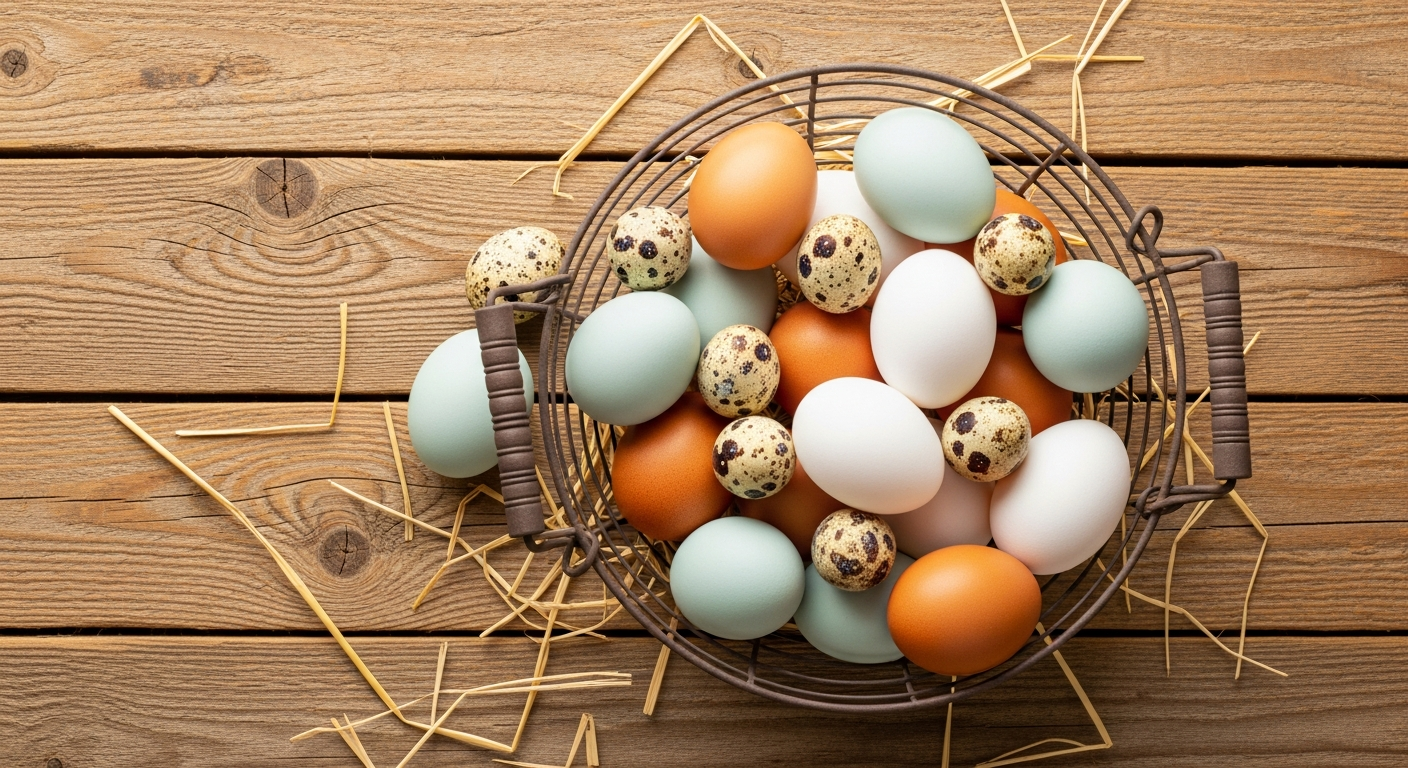 Colorful farm-fresh eggs in a wire basket on a rustic wood surface showing how to use up eggs