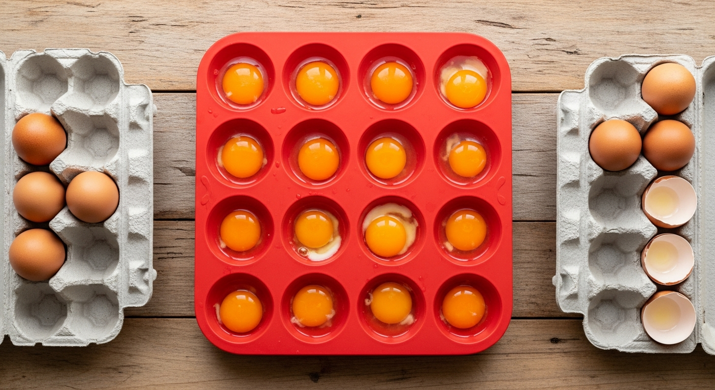 Eggs cracked into a red silicone muffin tin with egg cartons for freezing egg surplus