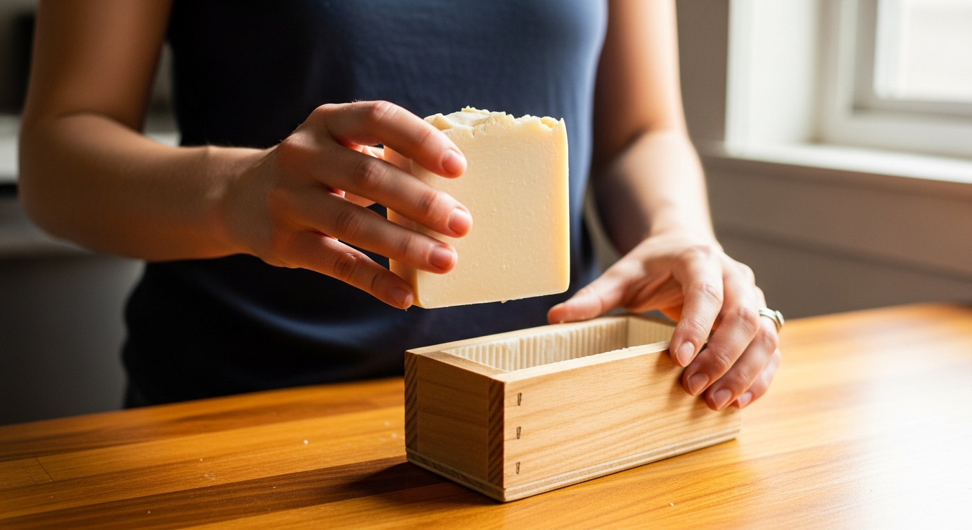 Woman's hands lifting a freshly cut bar of homemade cold-process soap out of a wooden soap mold on a kitchen table