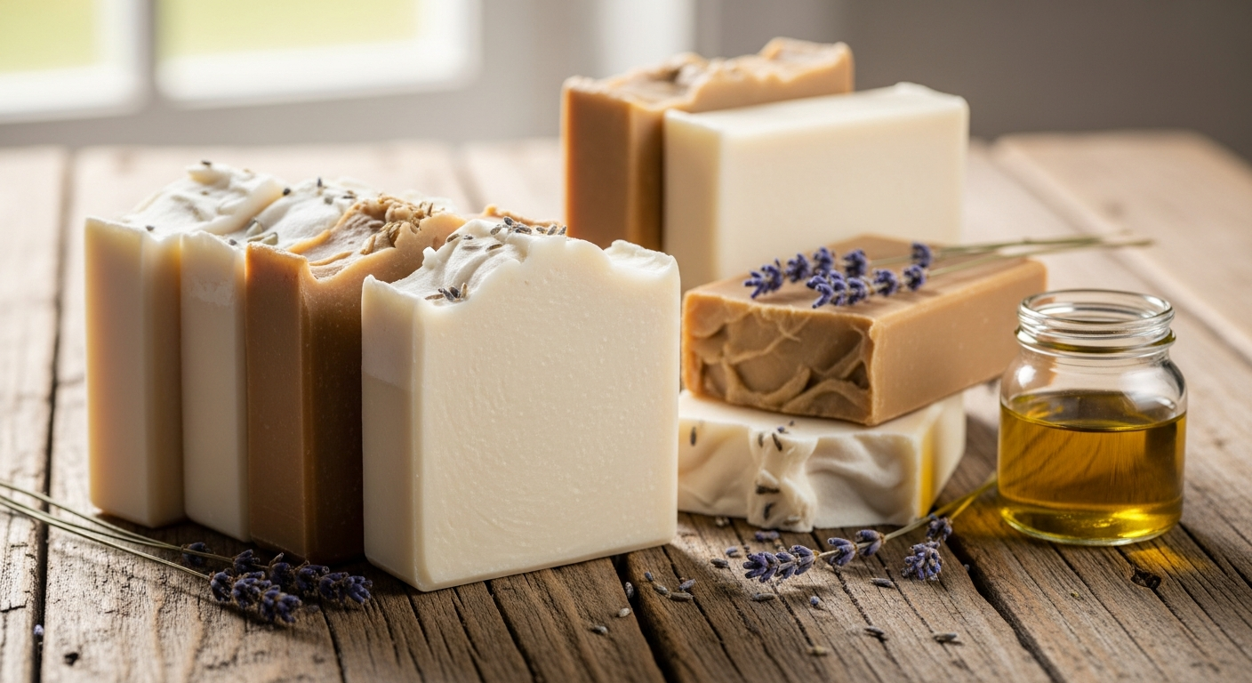 Rustic cold-process soap bars on a wood surface with olive oil and dried lavender, one bar cut open showing creamy interior