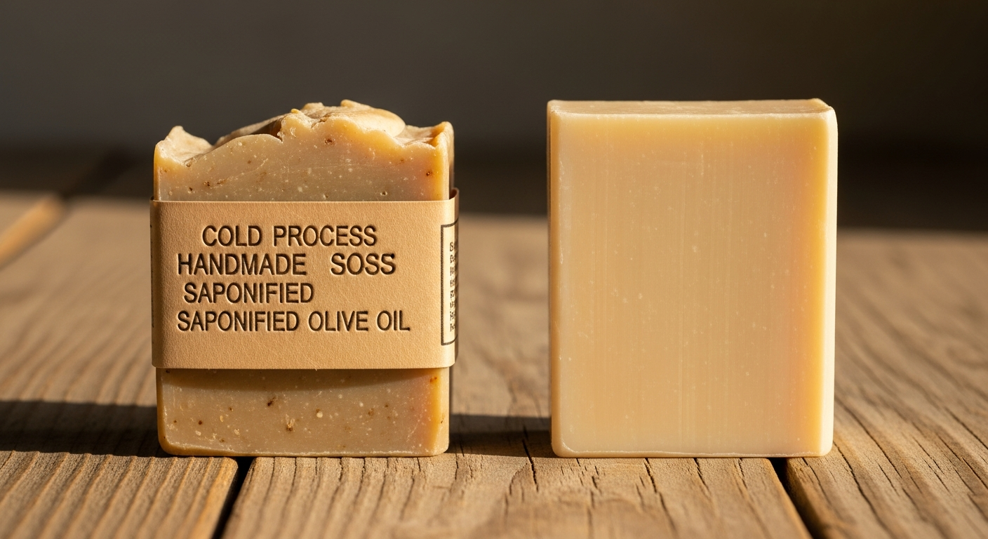A natural cold-process soap bar beside a commercial soap bar on a wood surface showing the difference in texture and ingredients